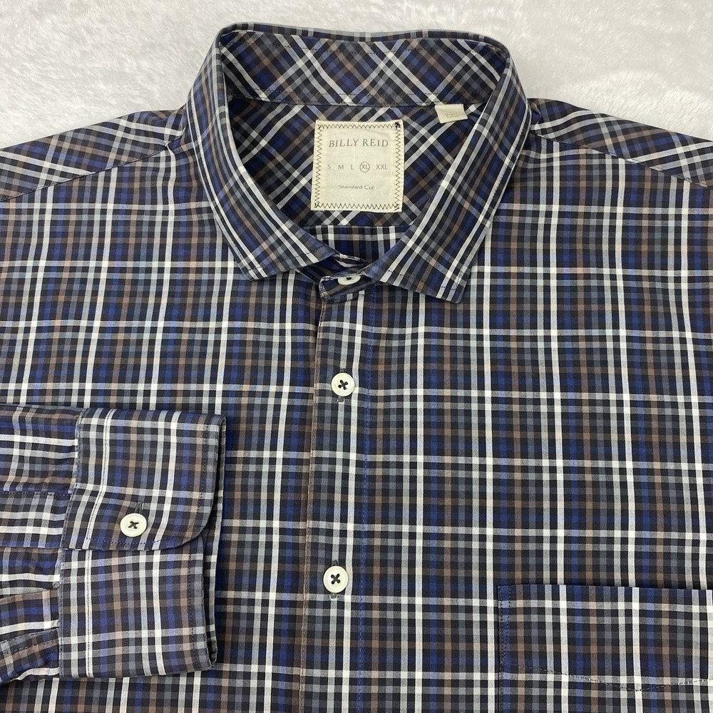 BILLY REID Shirt Mens XL Brown Plaid 100% Cotton Long Sleeves